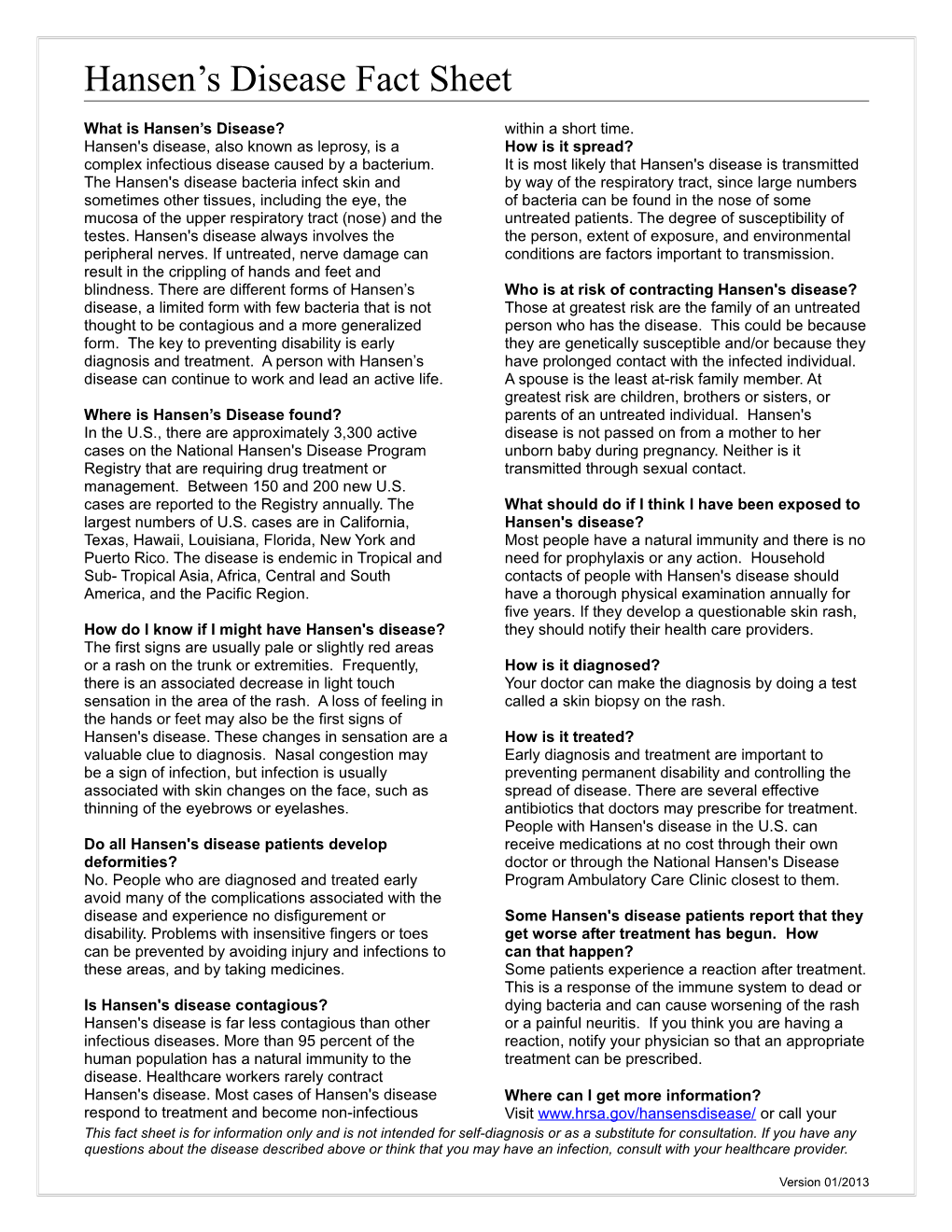 Hansen S Disease Fact Sheet
