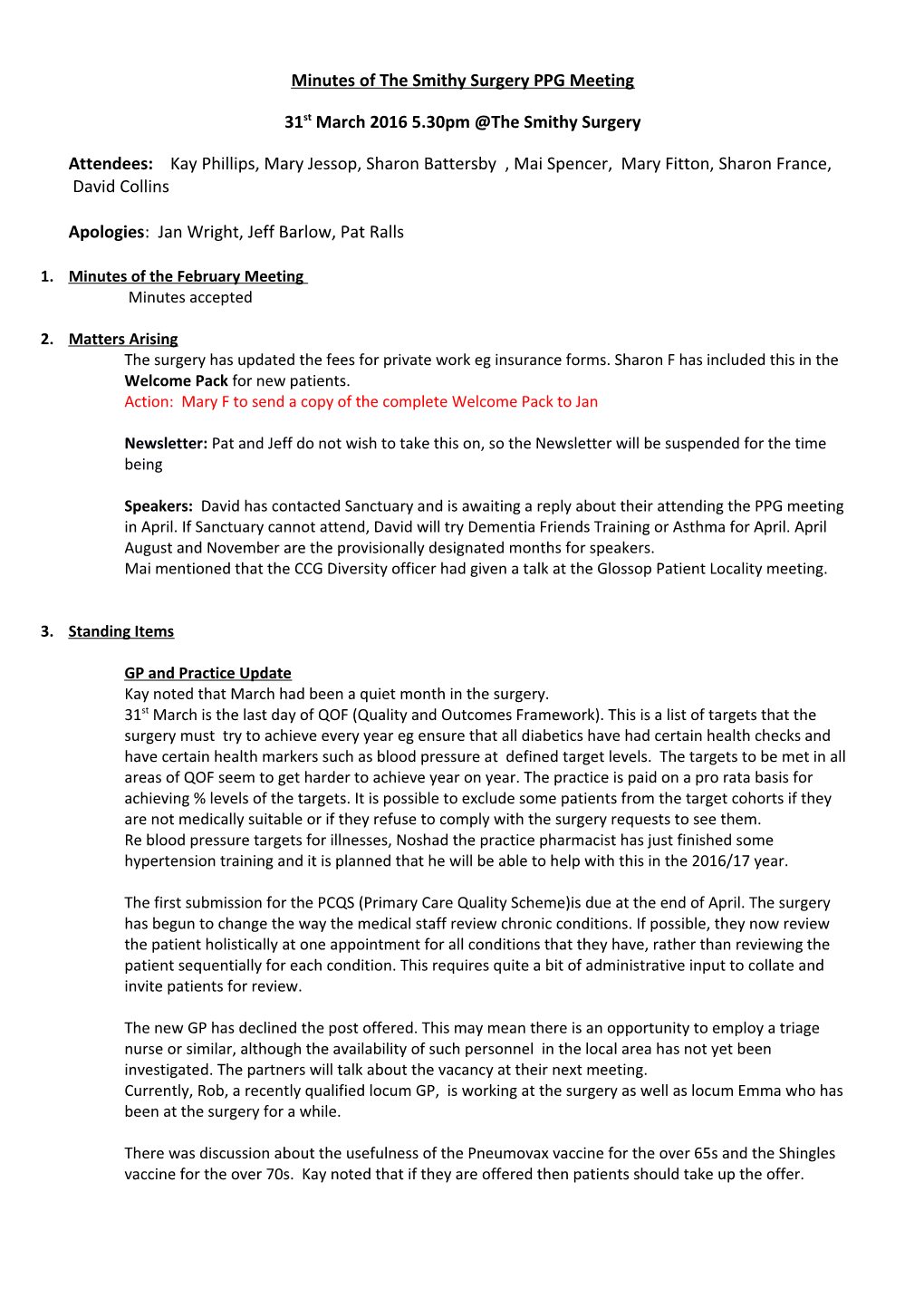 Minutes of the Smithy Surgery PPG Meeting