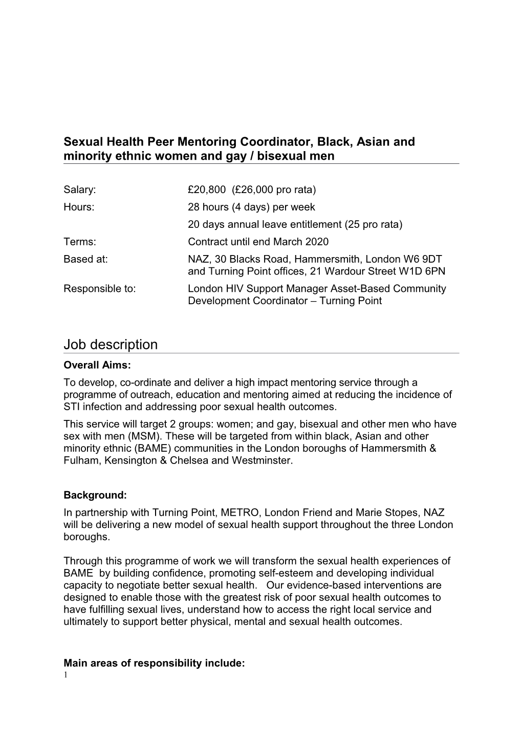 Sexual Health Peer Mentoring Coordinator, Black, Asian and Minority Ethnic Women and Gay