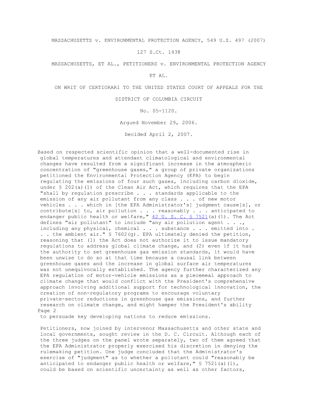 MASSACHUSETTS V. ENVIRONMENTAL PROTECTION AGENCY, 549 U.S. 497 (2007)