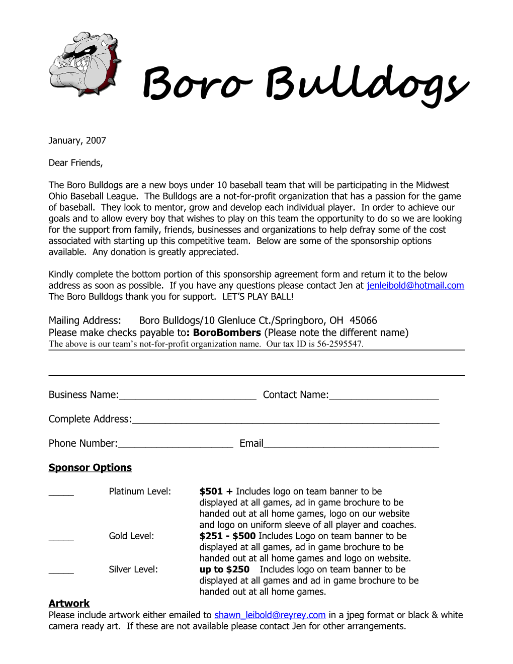 Mailing Address: Boro Bulldogs/10 Glenluce Ct./Springboro, OH 45066