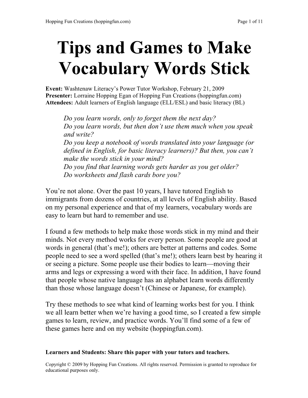 Tips And Games For Making Vocabulary Words Stick