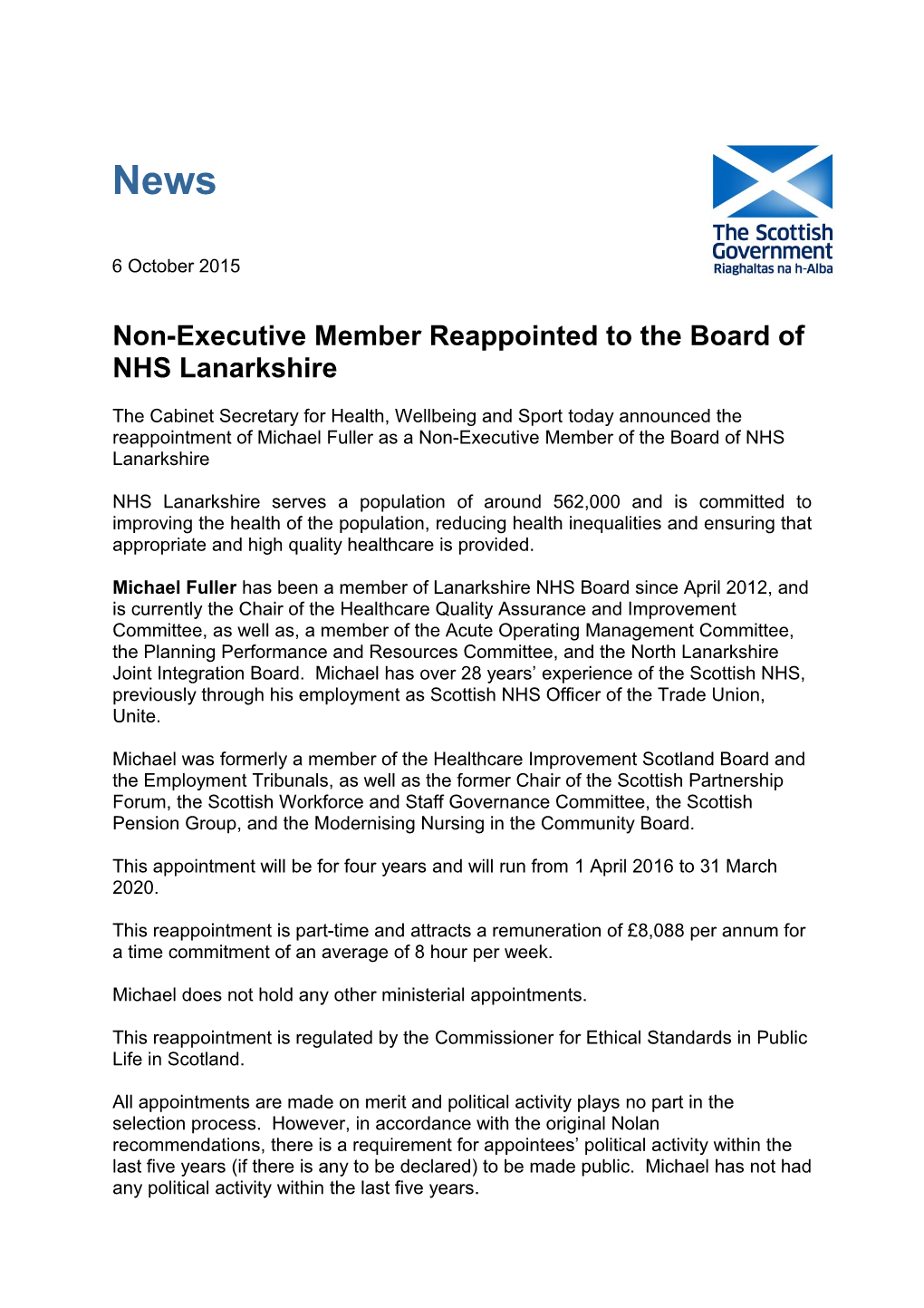 Non-Executive Member Reappointed to the Board of NHS Lanarkshire