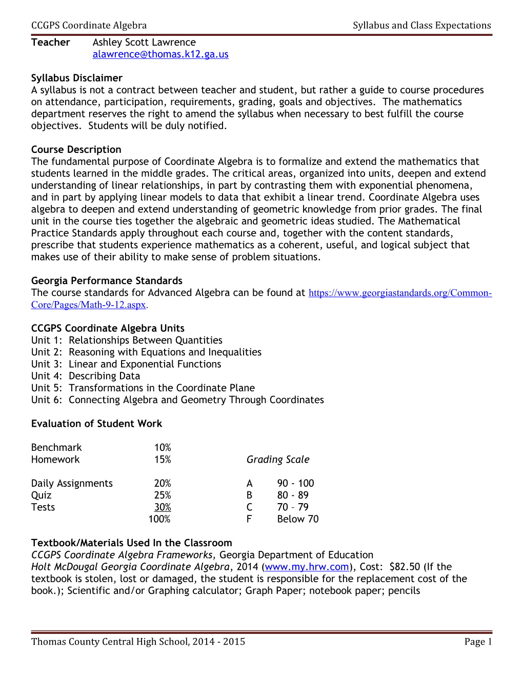 CCGPS Coordinate Algebra Syllabus and Class Expectations