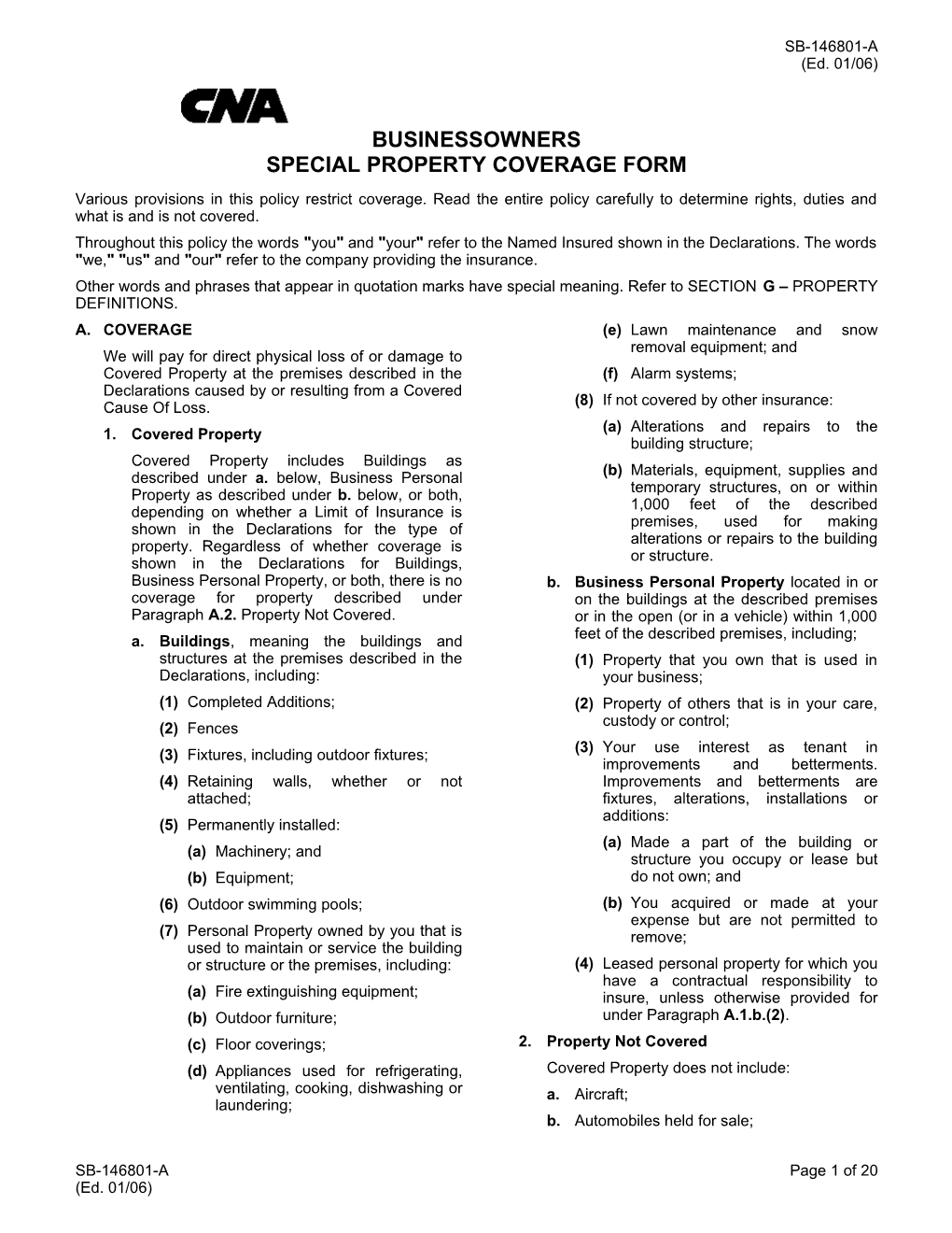 Businessowners Special Property Coverage Form