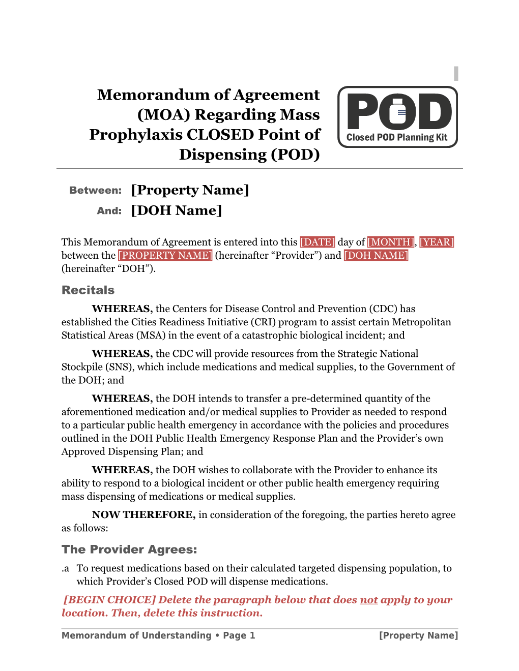 Memorandum of Agreement (MOA) Regarding Mass Prophylaxis CLOSED Point of Dispensing (POD)