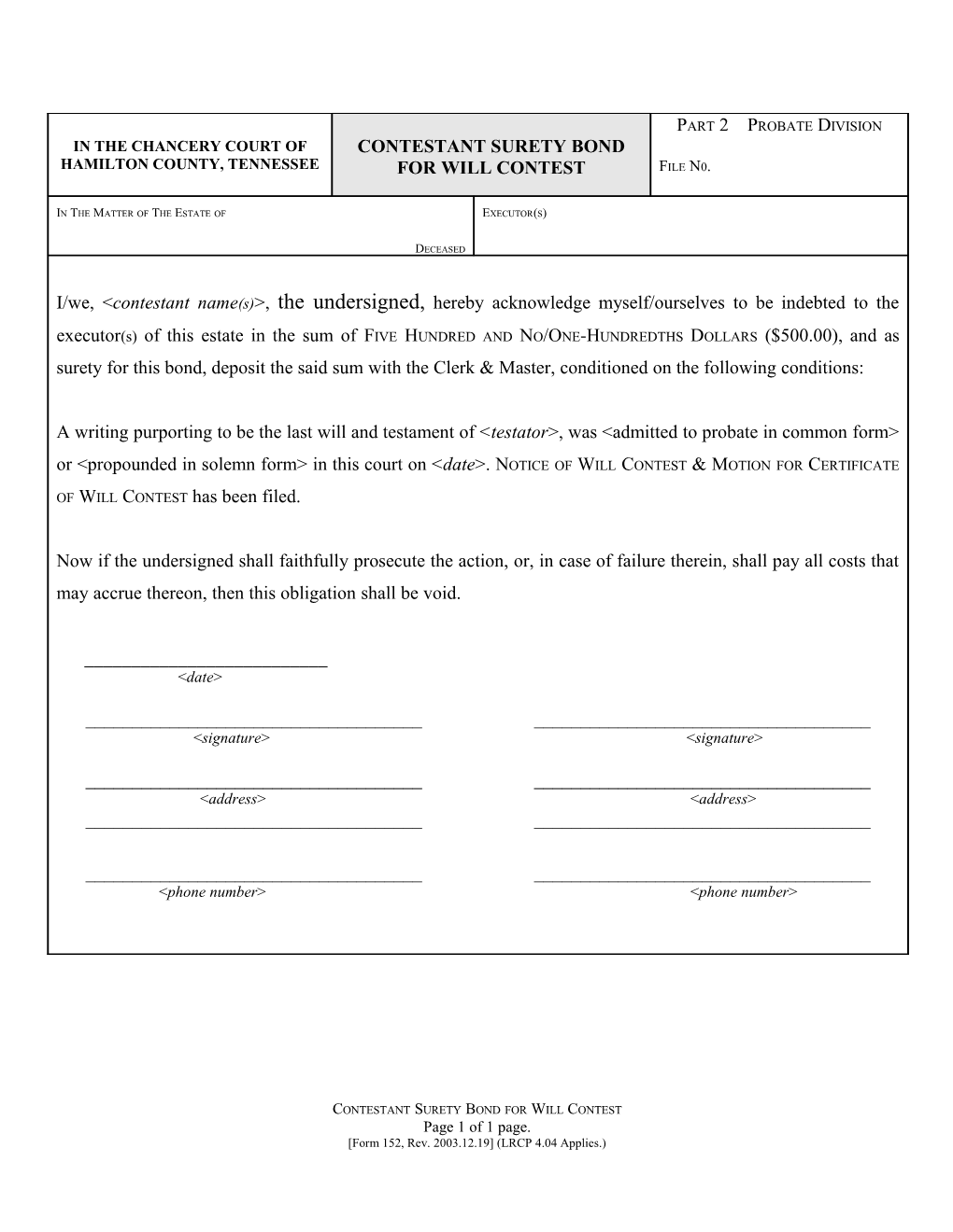 Form 153-Contest Surety Bond to Executor(S)