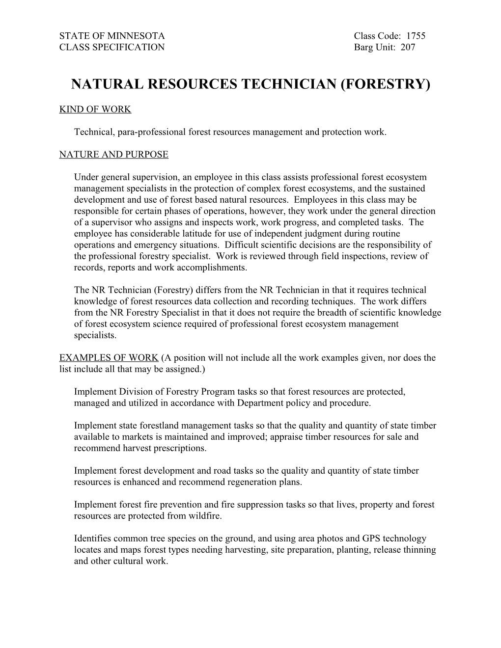 Classification - NR Technician (Forestry)