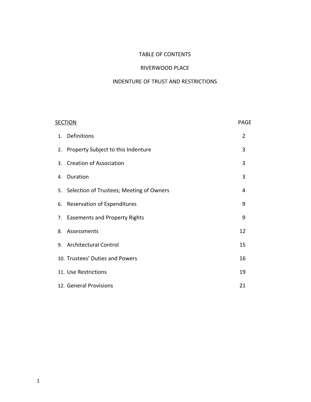 Indenture of Trust and Restrictions