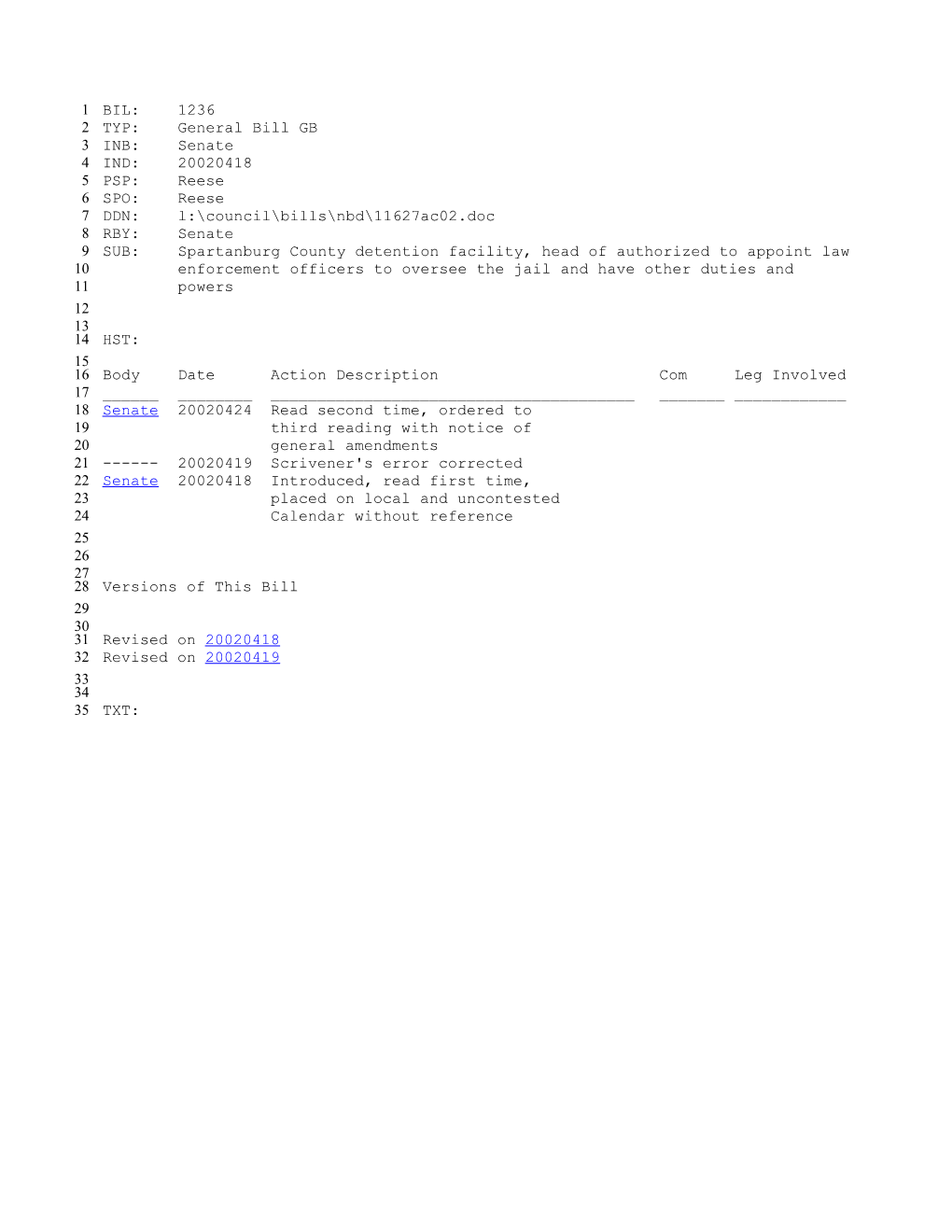 2001-2002 Bill 1236: Spartanburg County Detention Facility, Head of Authorized to Appoint