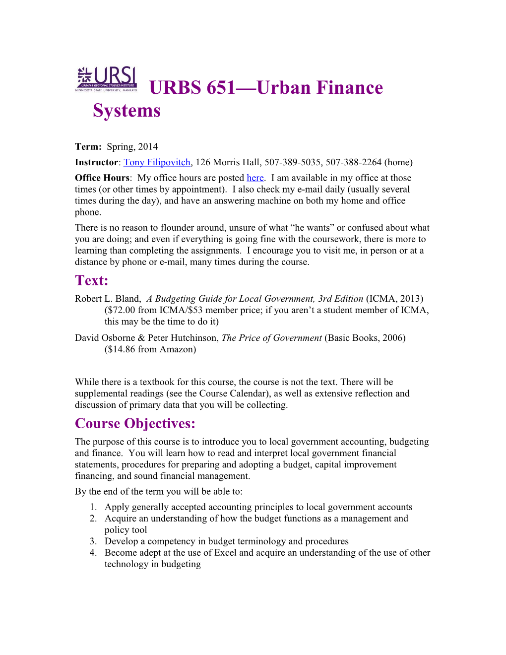 URBS 651 Urban Finance Systems
