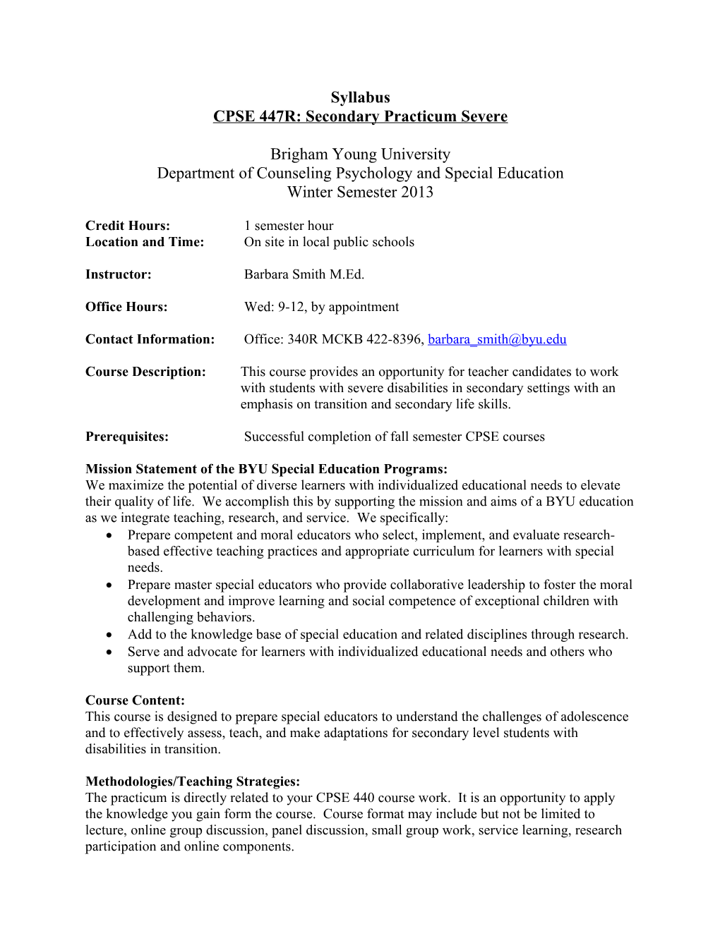 CPSE 447R: Secondary Practicum Severe