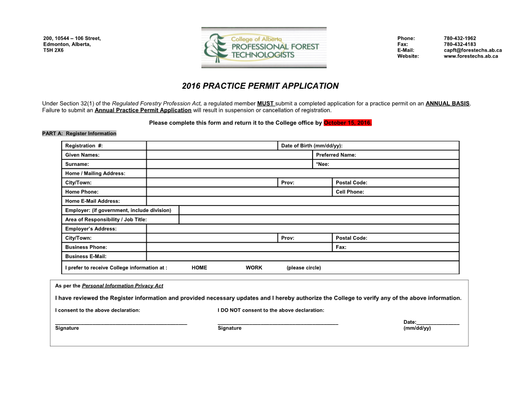 2016 Practice Permit Application