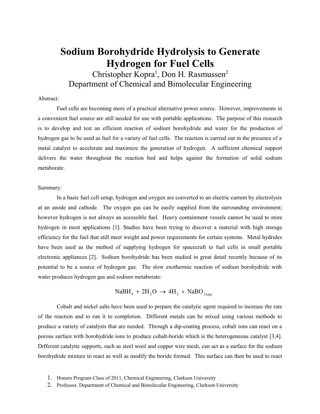 Sodium Borohydride Hydrolysis To Generate Hydrogen For PEM Fuel Cells