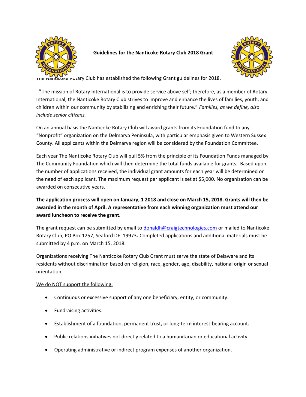 Guidelines for the Nanticoke Rotary Club 2018 Grant