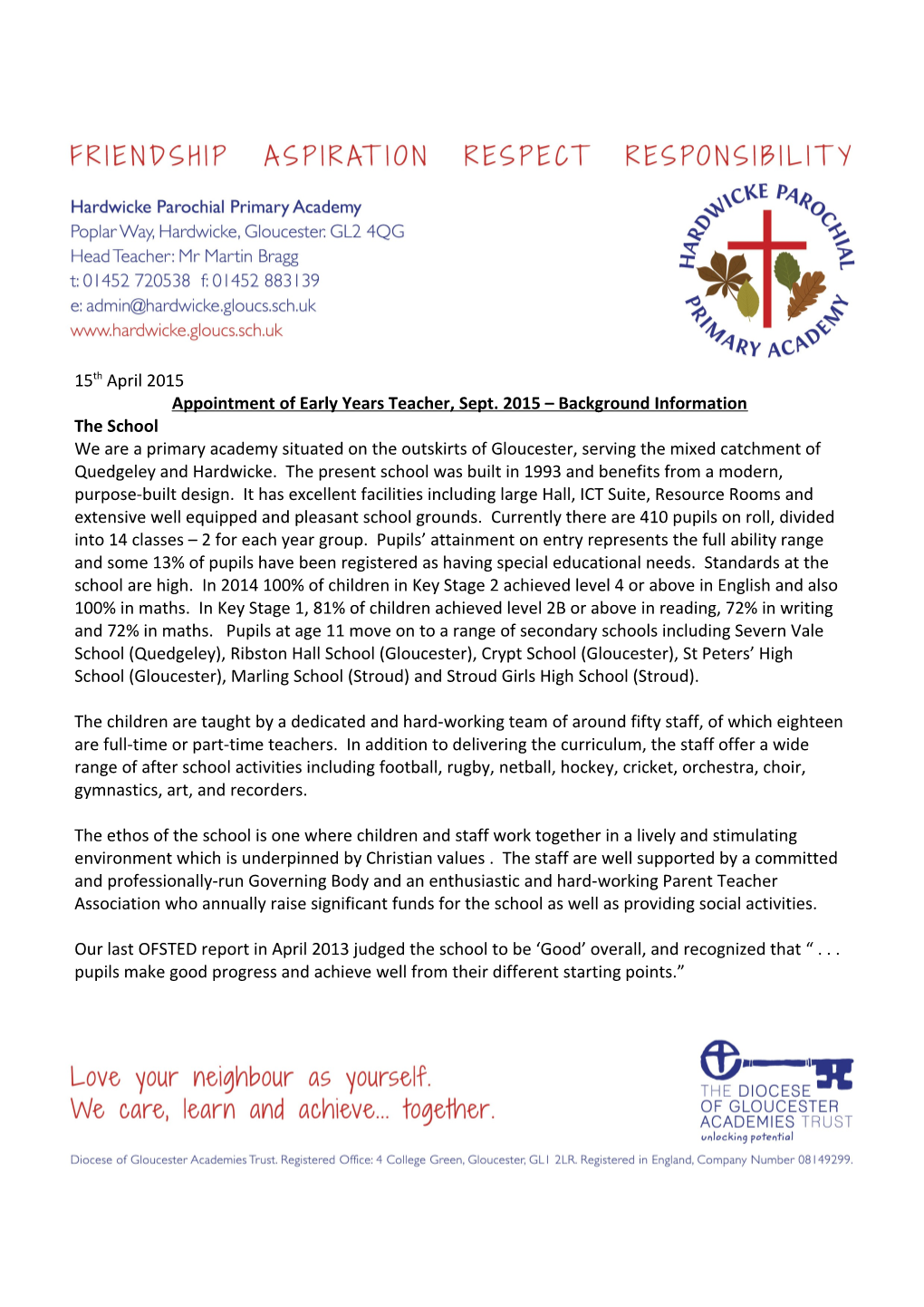 Appointment of Early Years Teacher, Sept. 2015 Background Information