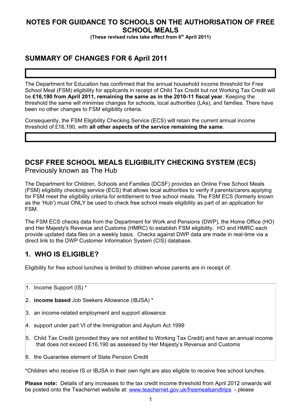 Notes for Guidance to Schools on the Authorisation of Free School Meals