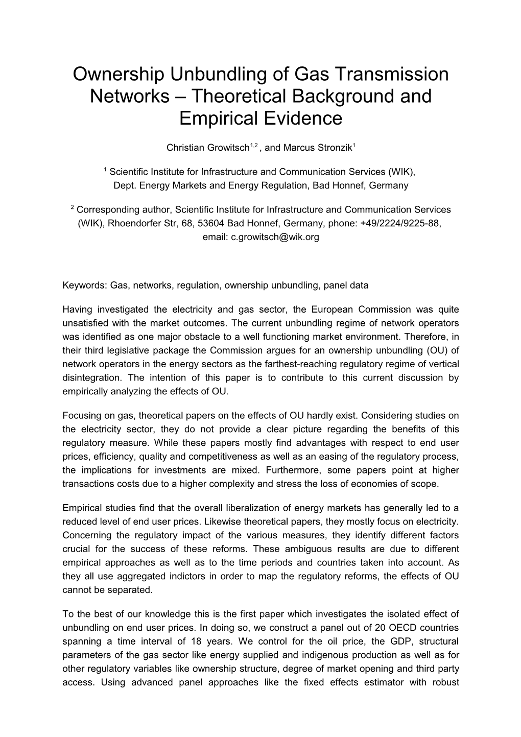 Ownership Unbundling of Gas Transmission Networks Theoretical Background and Empirical Evidence