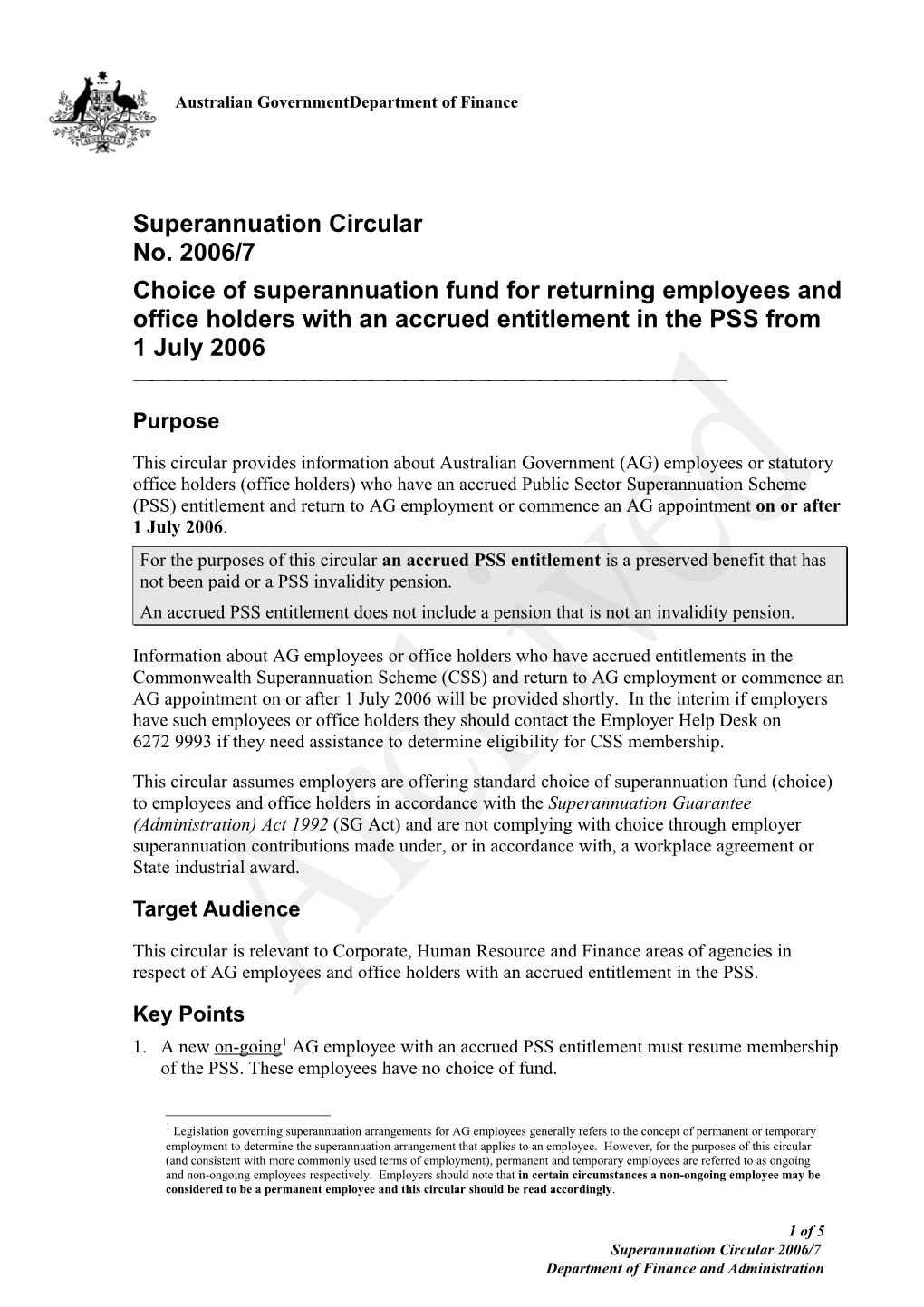 Superannuation Circular No. 2006/7 - Choice of Superannuation Fund for Returning Employees