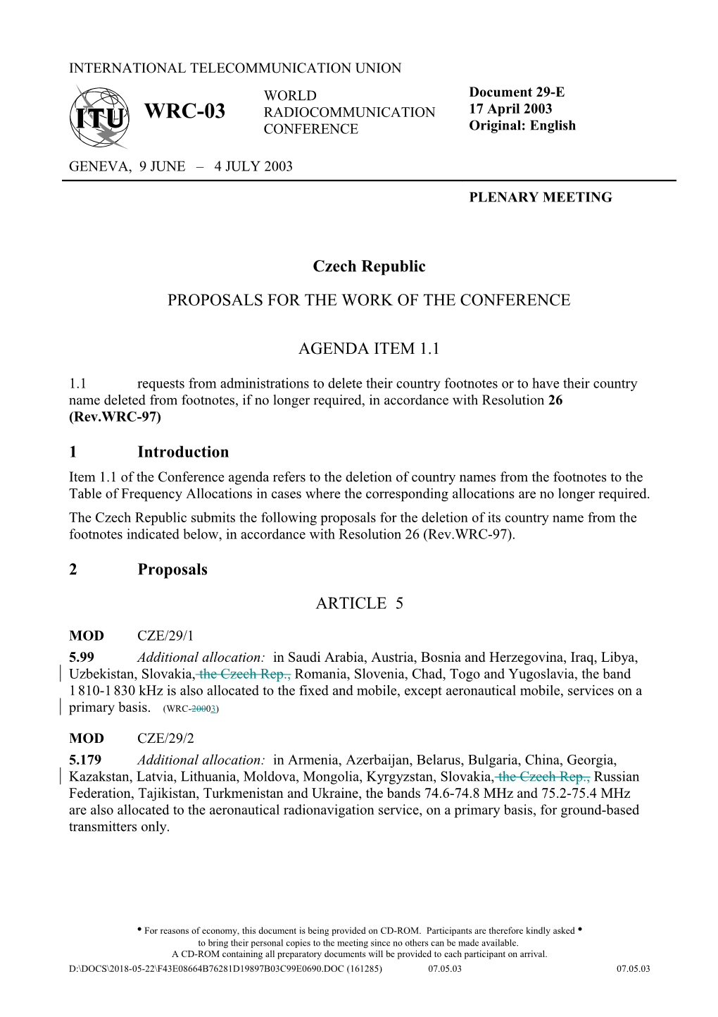 Proposals for the Work of the Conference: Agenda Item 1.1