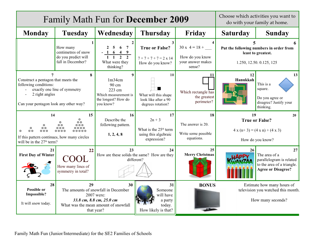Family Math Fun (Junior/Intermediate) for the SE2 Families of Schools