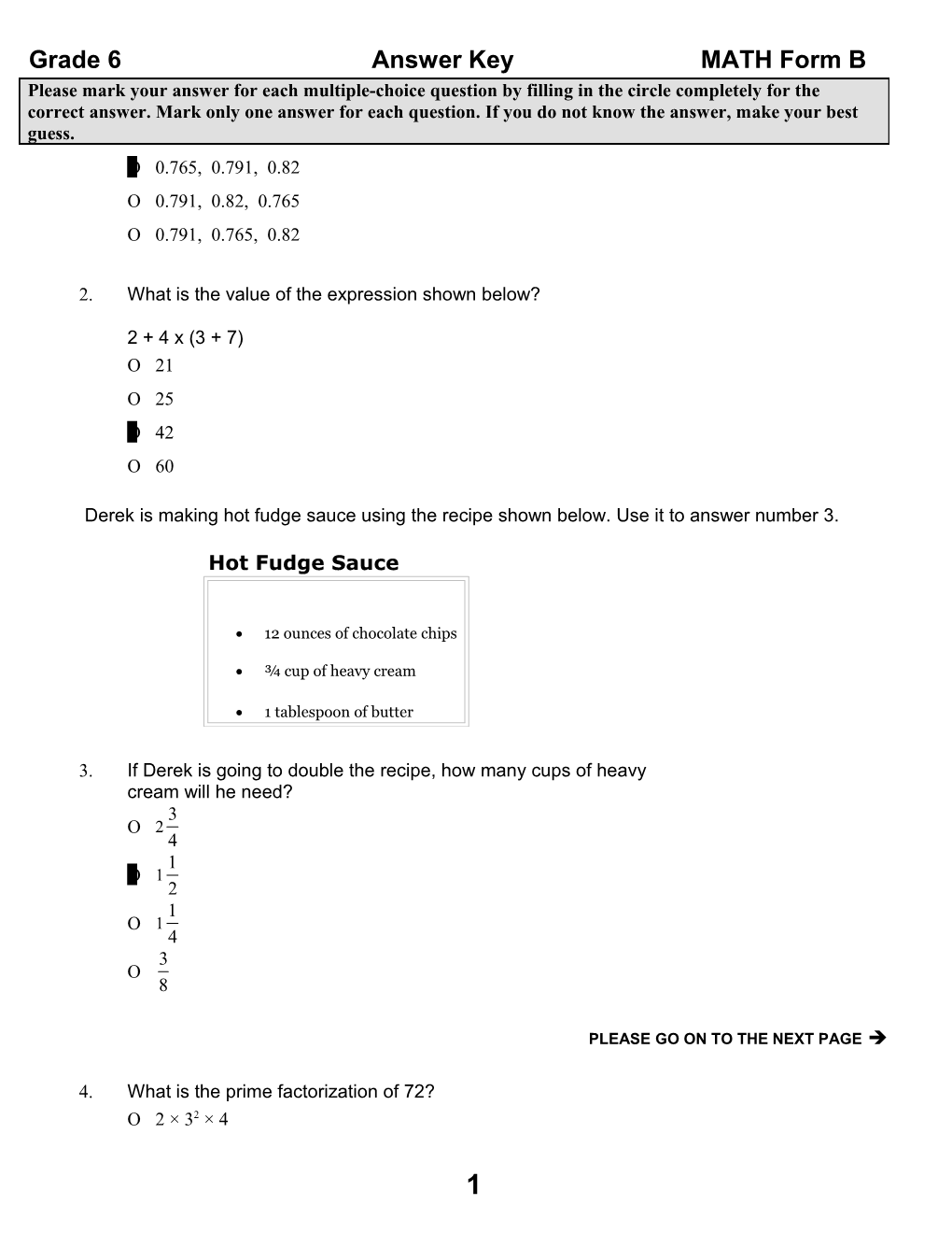 Grade 6 Answer Key MATH Form B