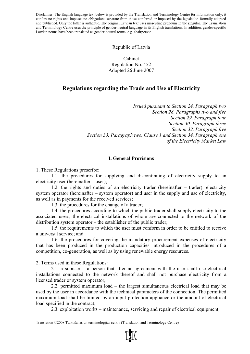 Regulations Regarding the Trade and Use of Electricity