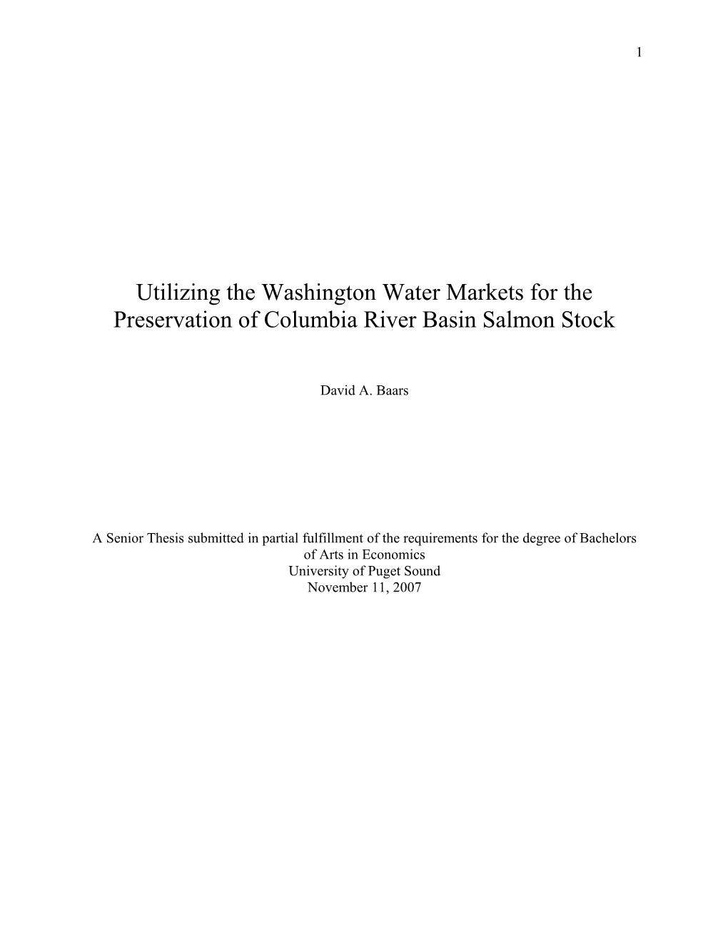 Utilizing The Washington Water Markets For The Preservation Of Columbia River Basin Salmon Stock