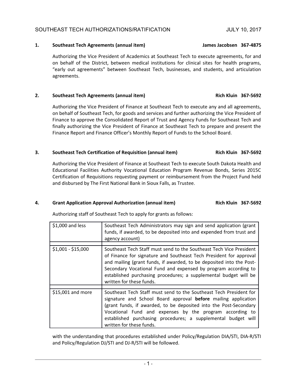 1. Southeast Tech Agreements (Annual Item) James Jacobsen 367-4875