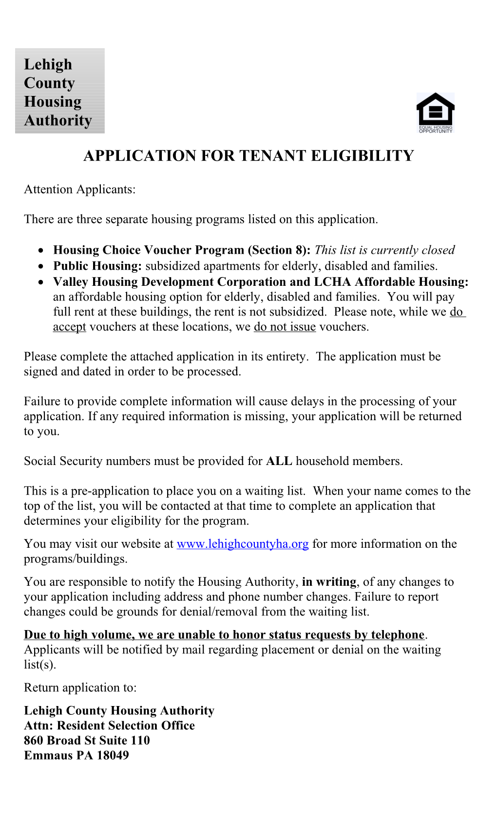 Application for Tenant Eligibility