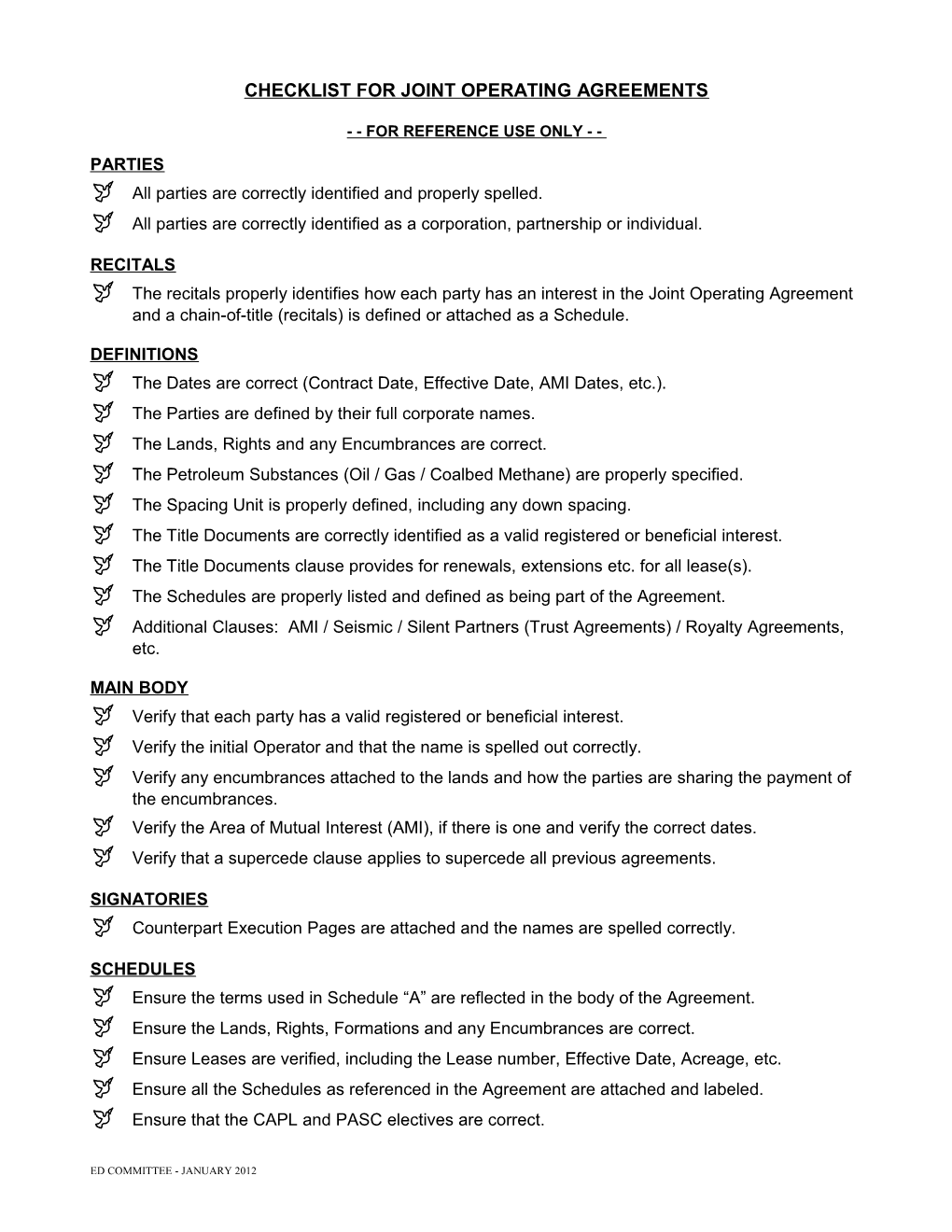 Checklist for Joint Operating Agreements