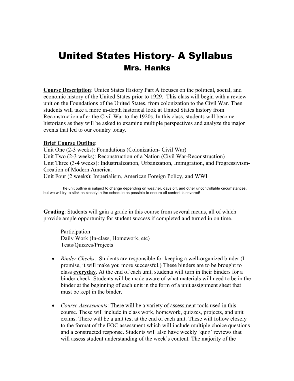 United States History- a Syllabus