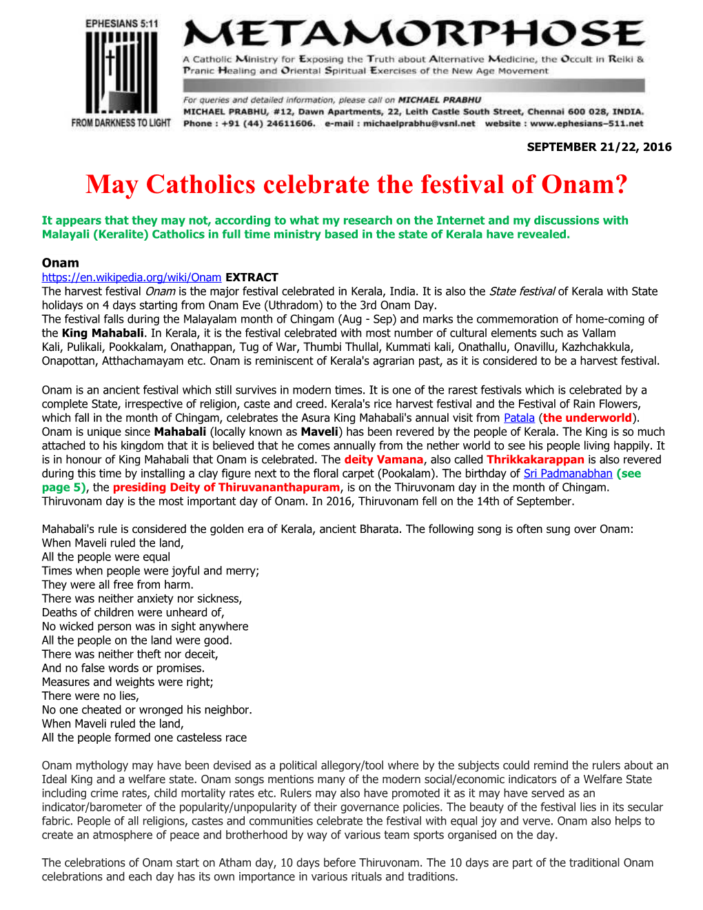 May Catholics Celebrate the Festival of Onam?