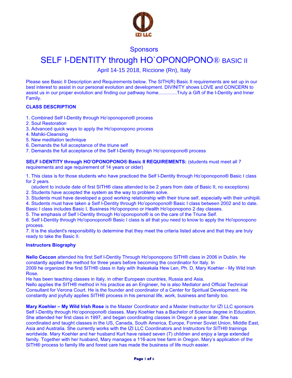 SELF I-DENTITY Through HO OPONOPONO BASIC II