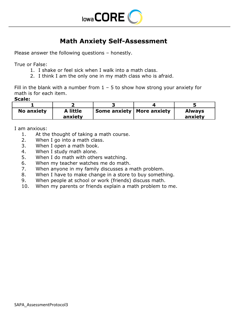 Math Anxiety Self-Assessment