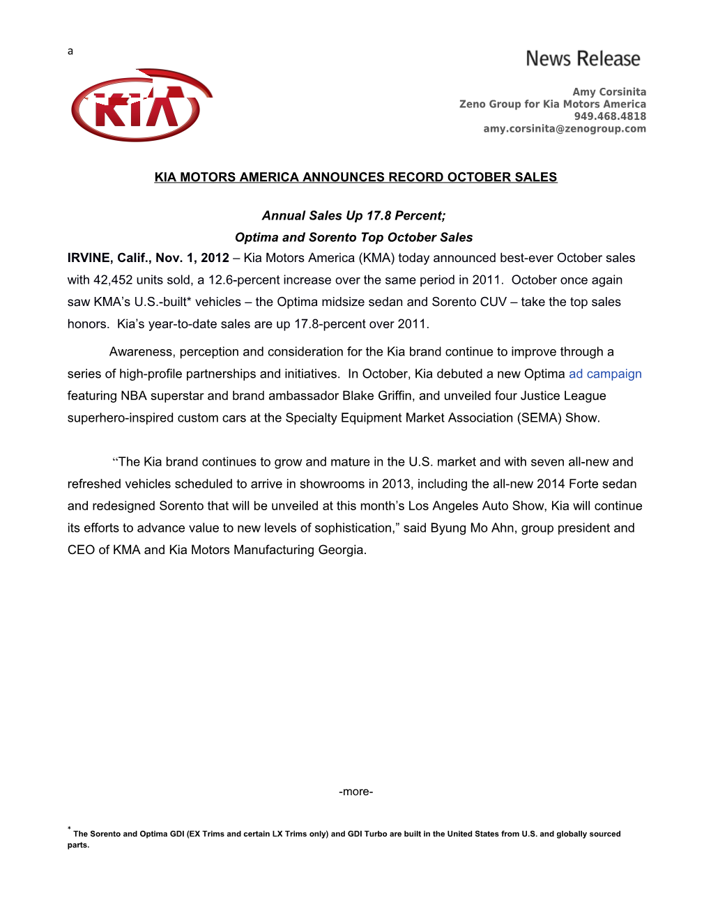 Kia Motors America Announces Record October Sales