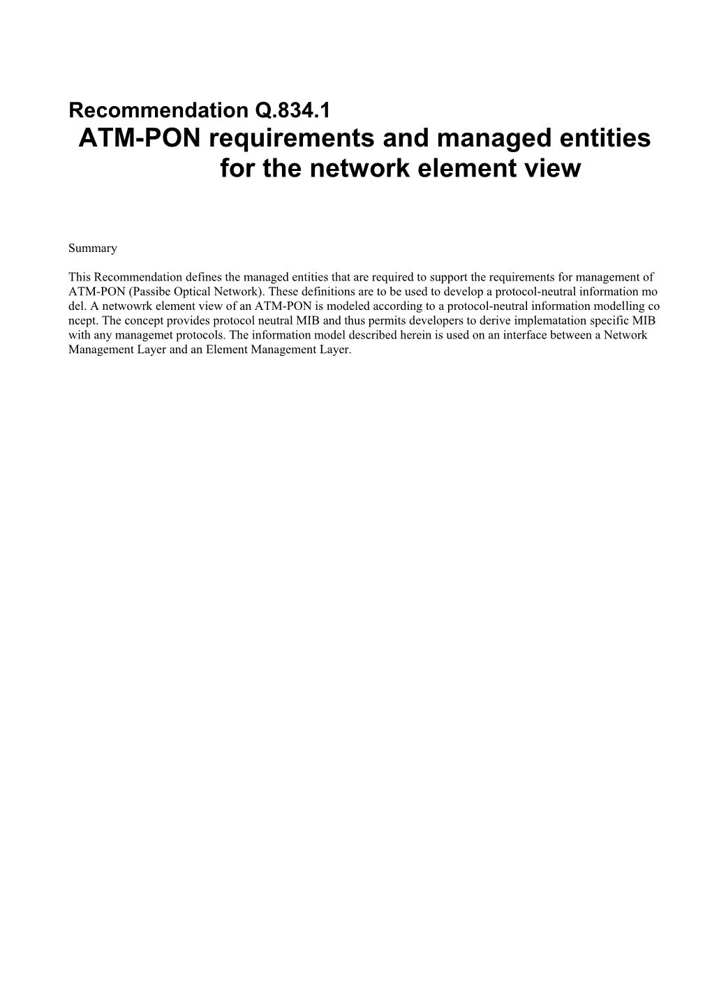 ATM-PON Requirements and Managed Entities for the Network Element View