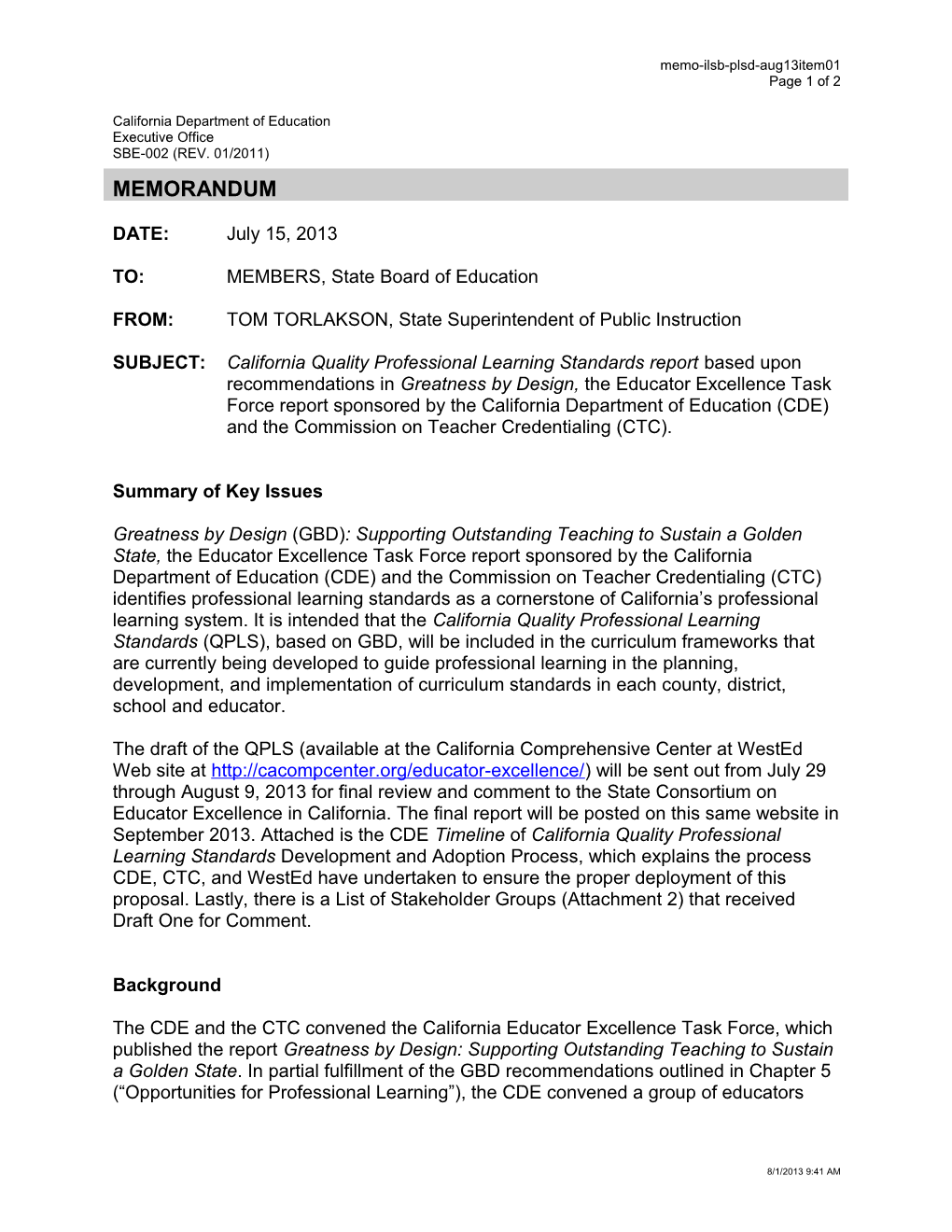 August 2013 Memorandum ILSB PLSD Item 01 - Information Memorandum (CA State Board of Education)