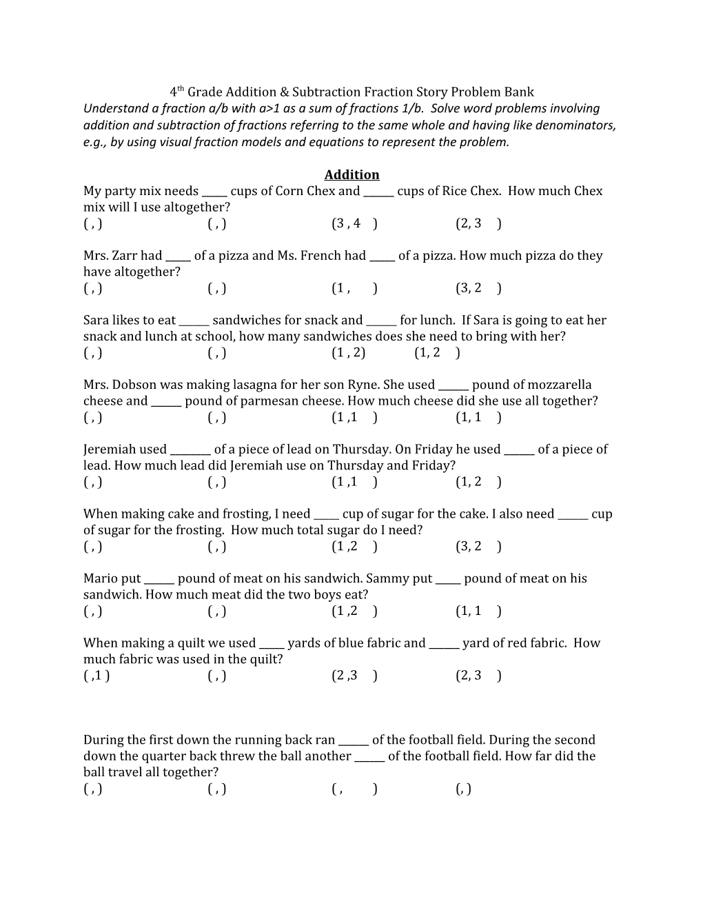 4Th Grade Addition & Subtraction Fraction Story Problem Bank