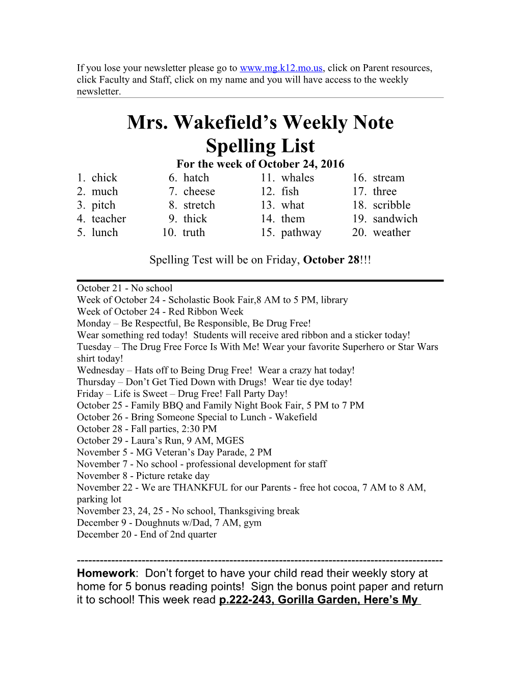 Mrs. Wakefield S Weekly Note