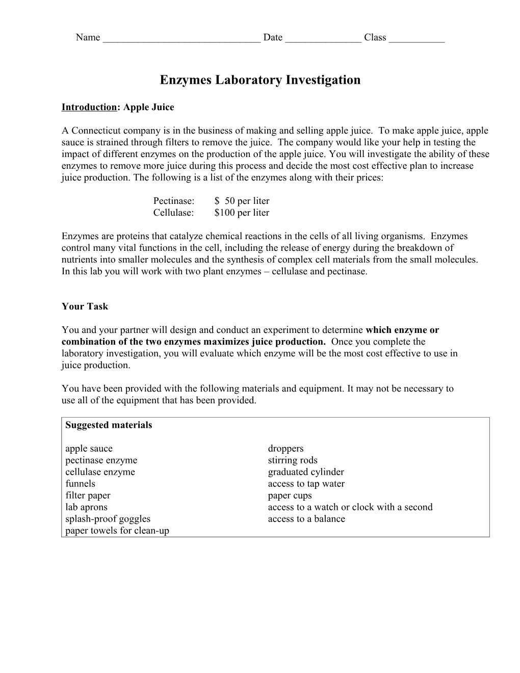 Enzymes Laboratory Investigation