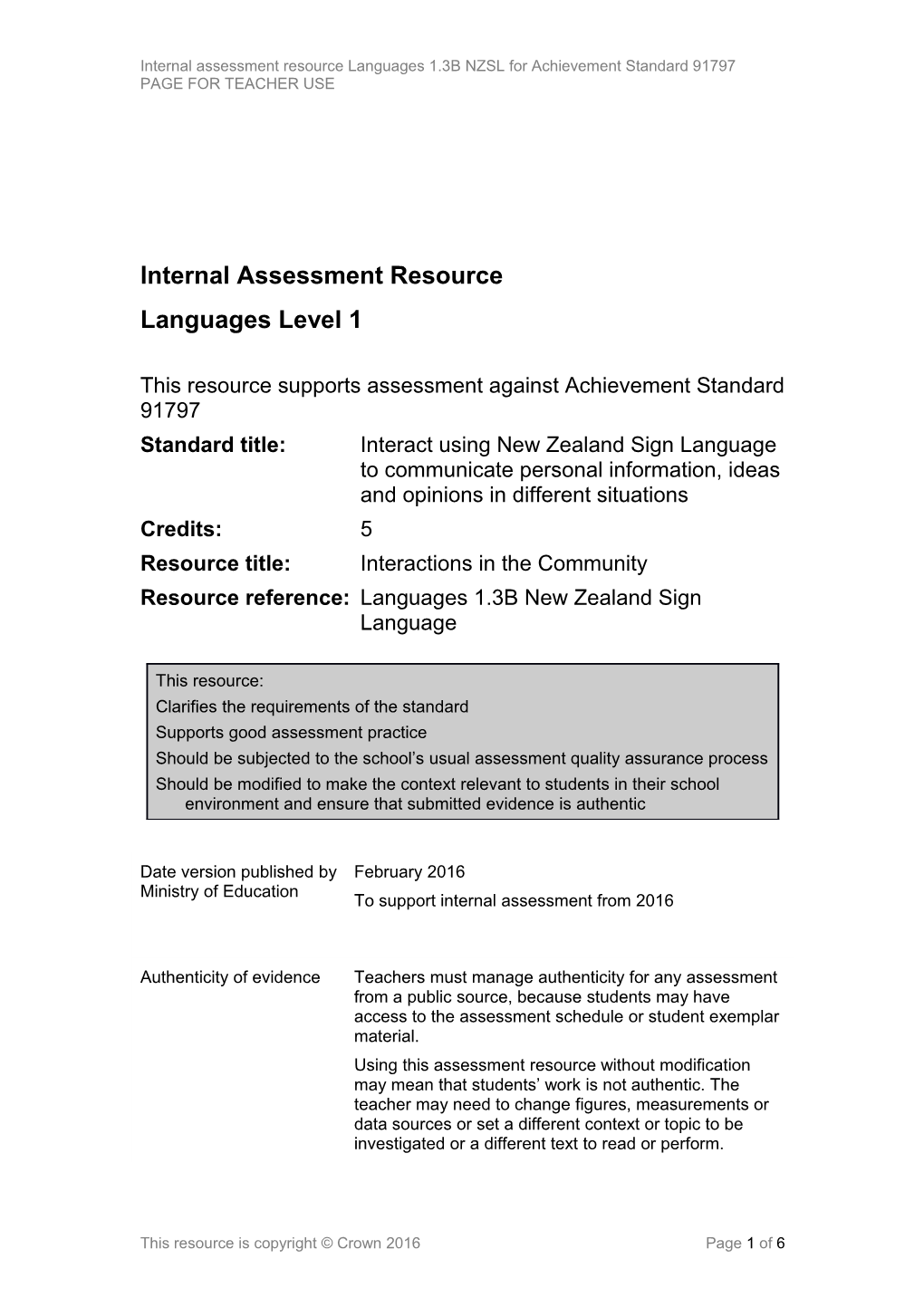 Level 1 Languages Internal Assessment Resource