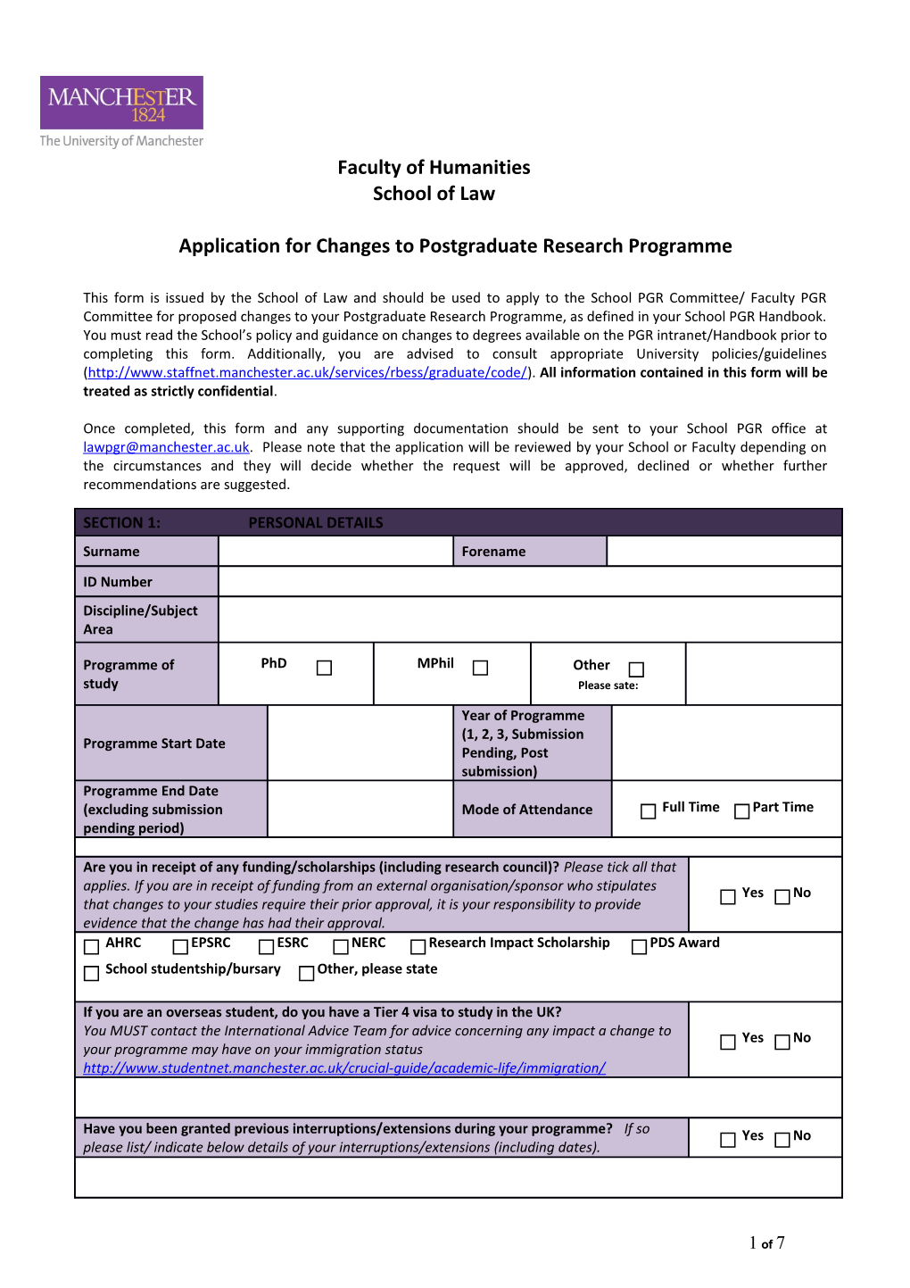 Application for Changes to Postgraduate Research Programme
