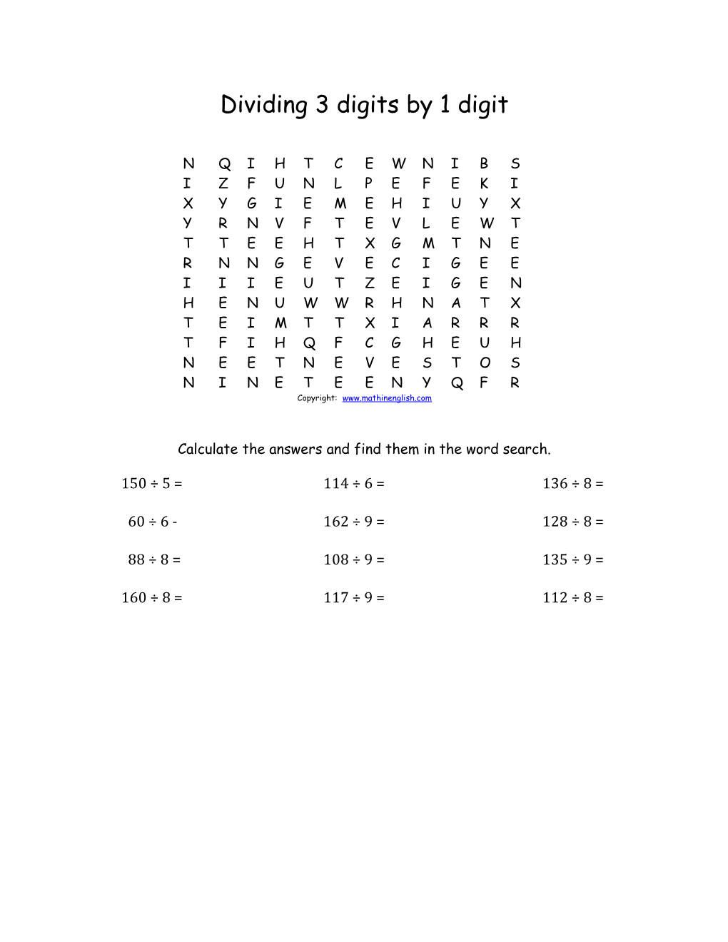 Calculate the Answers and Find Them in the Word Search