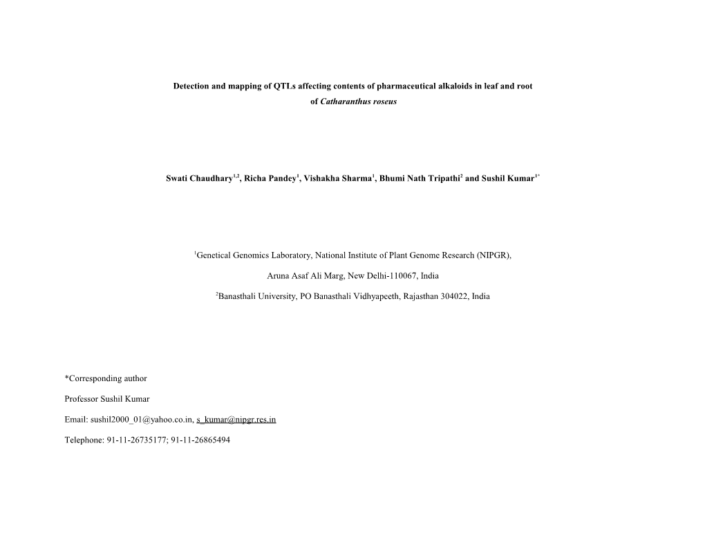 Detection and Mapping of Qtls Affecting Contents of Pharmaceutical Alkaloids in Leaf and Root