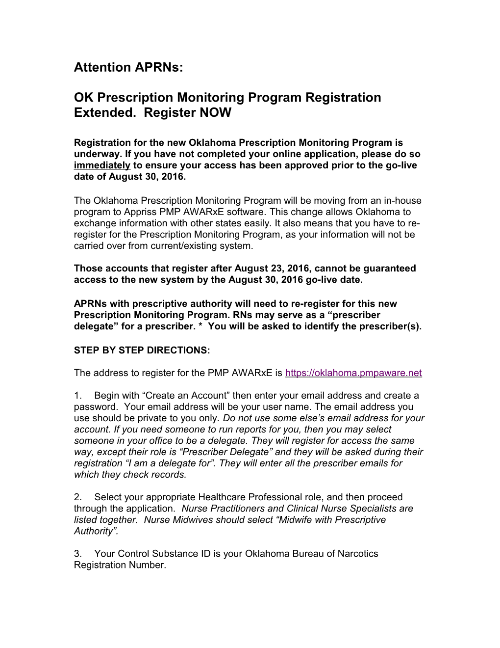 OK Prescription Monitoring Program Registration Extended. Register NOW