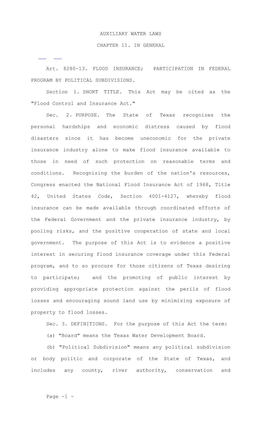 Art. 8280-13. FLOOD INSURANCE; PARTICIPATION in FEDERAL PROGRAM by POLITICAL SUBDIVISIONS