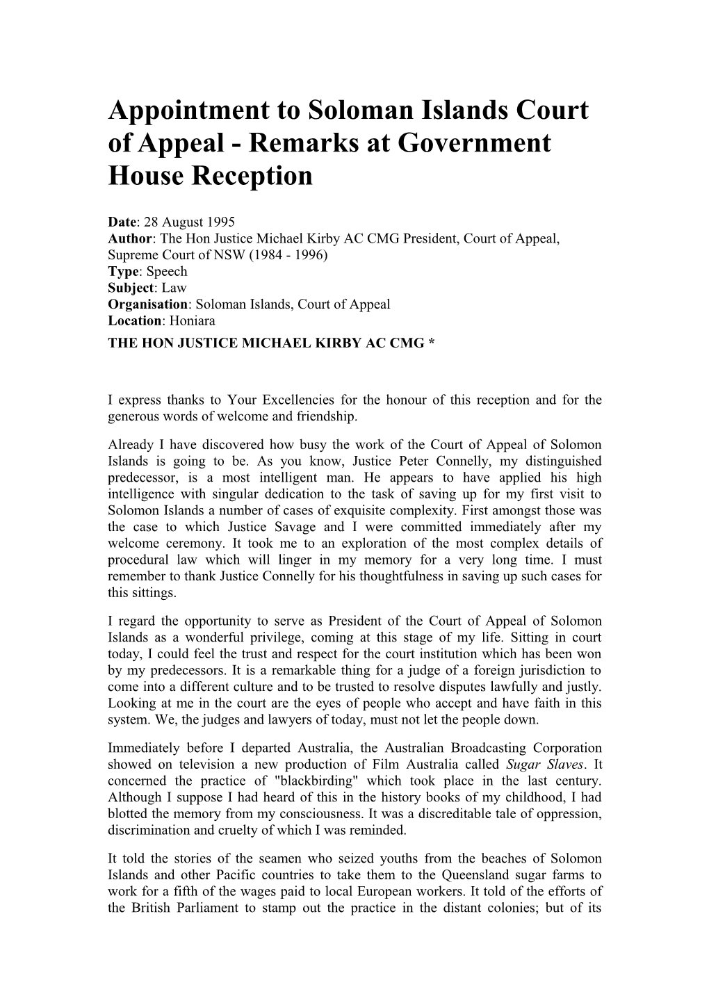 Appointment to Soloman Islands Court of Appeal - Remarks at Government House Reception