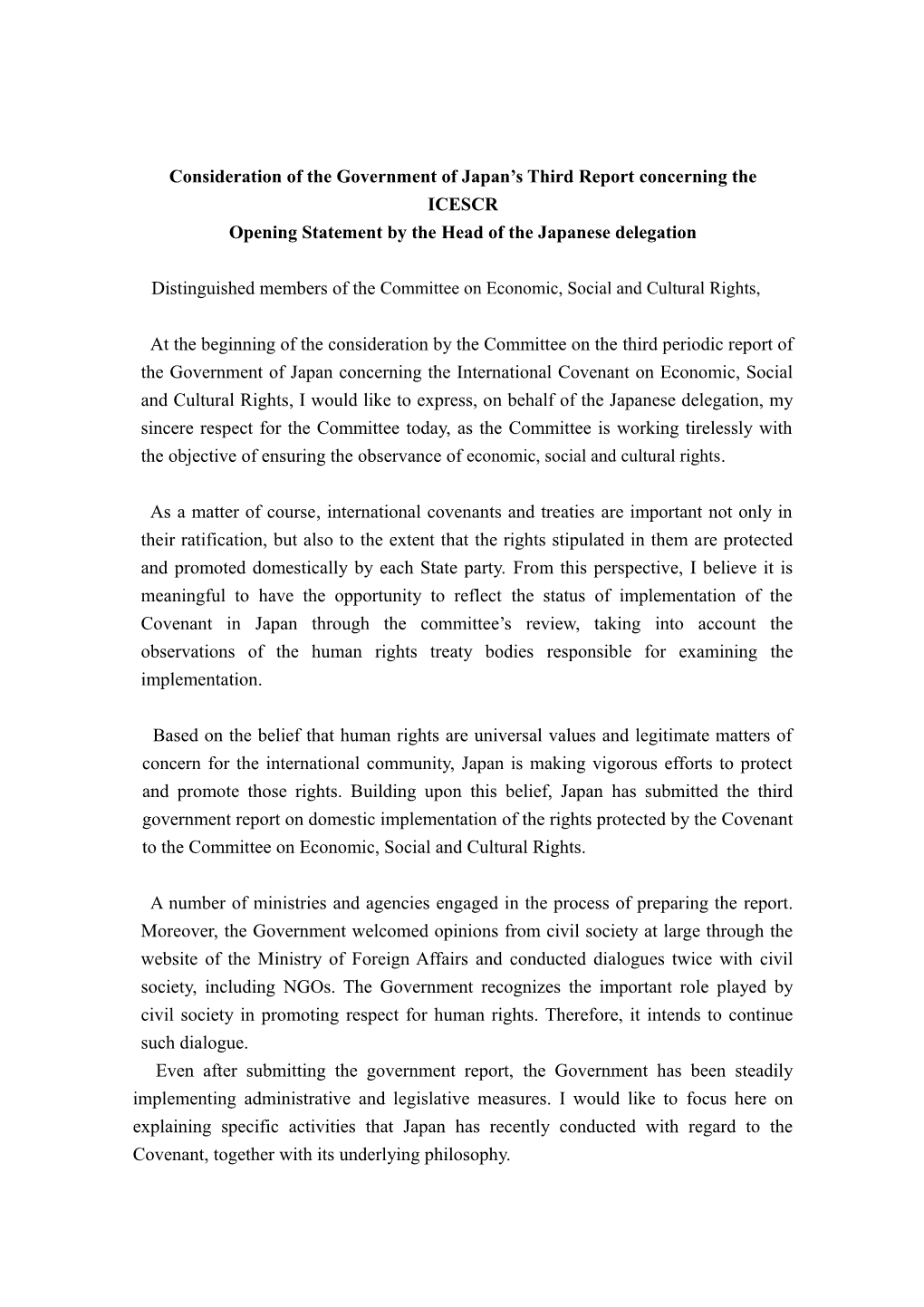 Considerationof the Government of Japan S Third Report Concerning the ICESCR