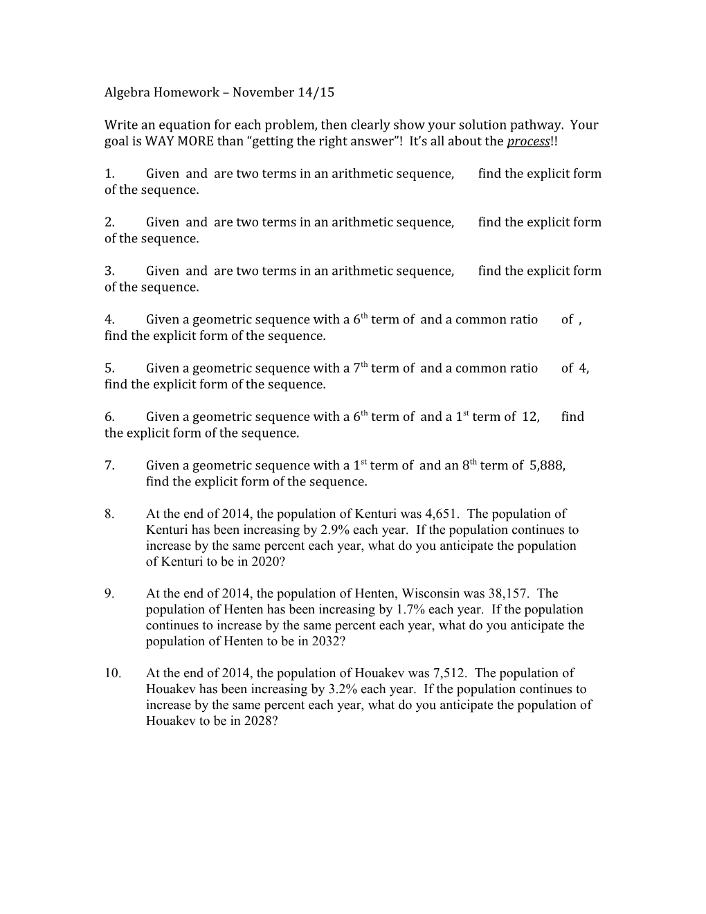 Algebra Homework November 14/15